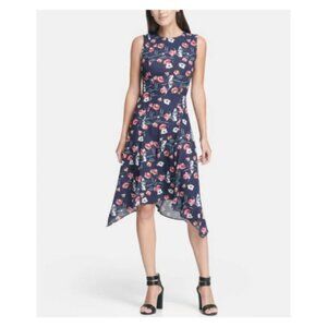 DKNY floral midi cocktail dress with handkerchief hem